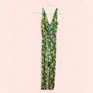 Green Floral V-Neck Jumpsuit with Orange & White Flowers